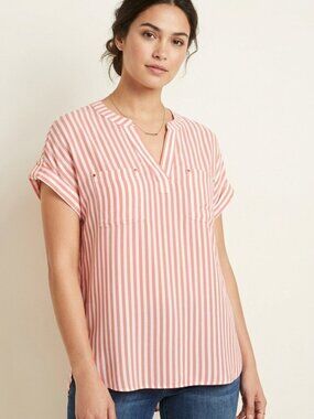 Jones New York Coral Pink White Vertical Striped Short Sleeve Top - M